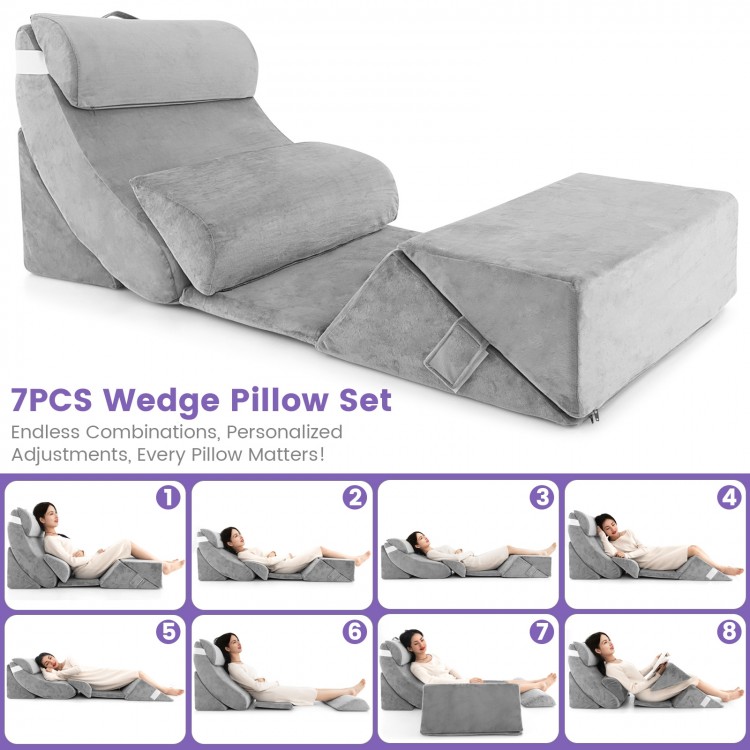 7 Pieces Bed Wedge Pillow Set with Memory Foam and Washable Cover