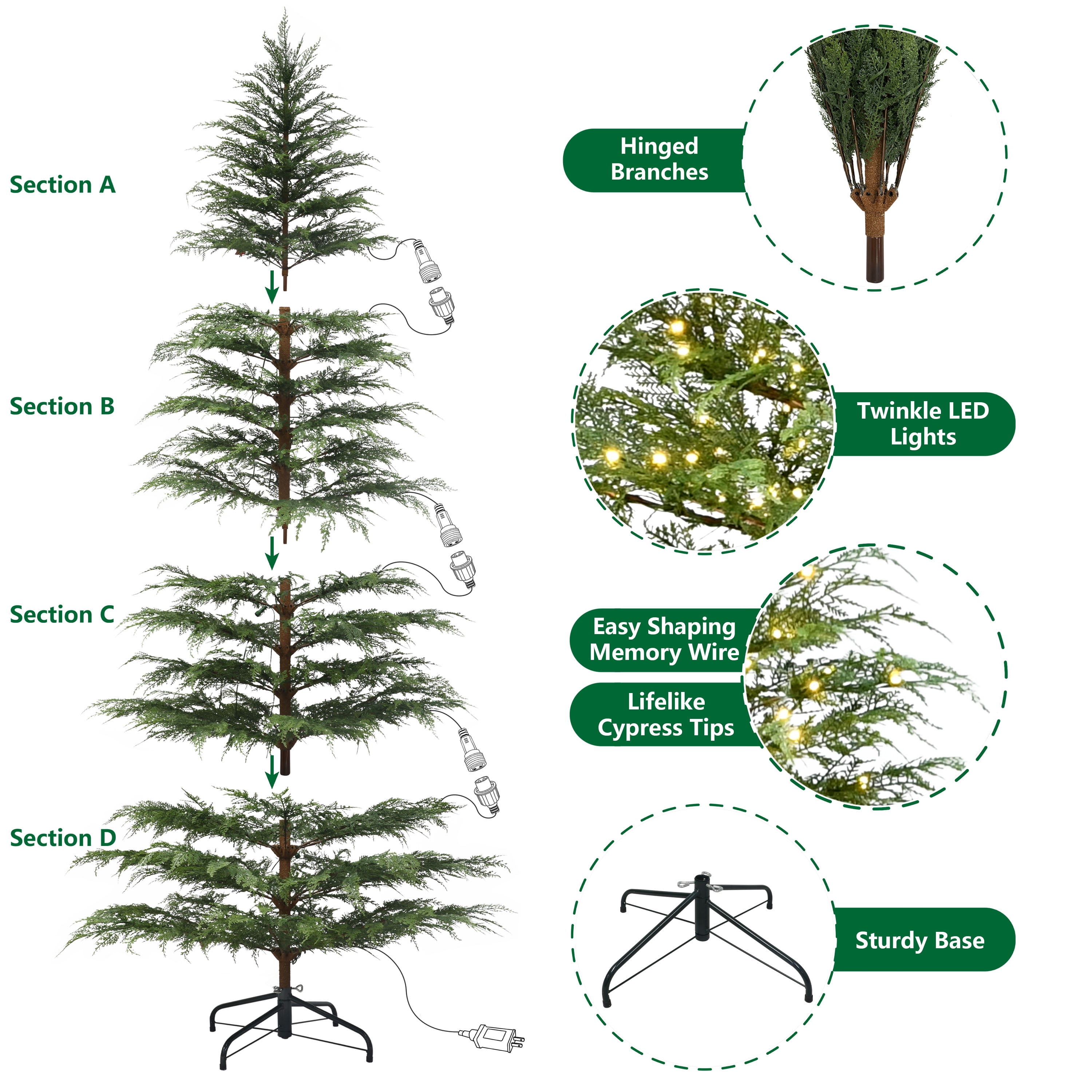 My Texas House 7.5 ft Pre-Lit Cypress Artificial Christmas Tree with 500 Twinkle LED Lights and Stand