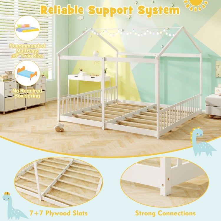 Double Floor Bed for Twins House Beds with Safety Guardrails for 2 Kids