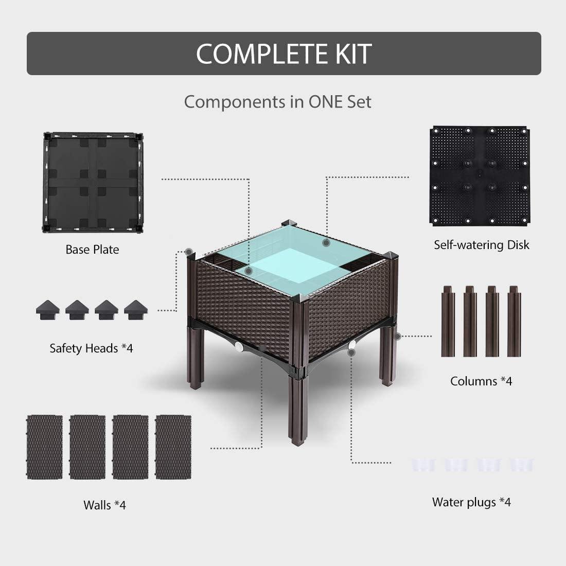 Premium Raised Garden Bed Planter Kit by Elevated – Set of 4, Self-Watering, Reinforced PP, Rattan Pattern, 19.5′′x19.5′′, Brown