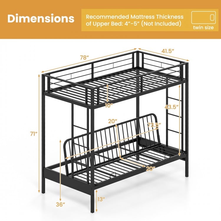 Twin Over Futon Bunk Bed with 2 Ladders and Safety Guardrails
