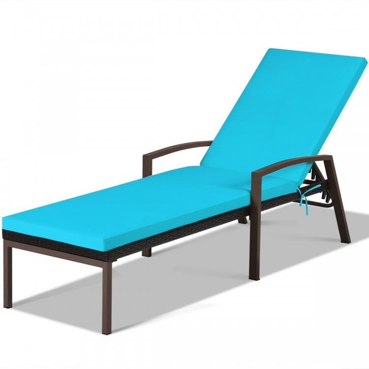 2 Pieces Patio Rattan Reclining Chaise Lounge Chair with Cushion and Armrest