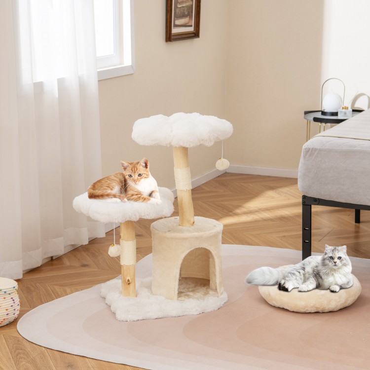 Cute Solid Wood Cat Tree Natural Branch Modern Flower Cat Tower with Sisal Scratching Posts