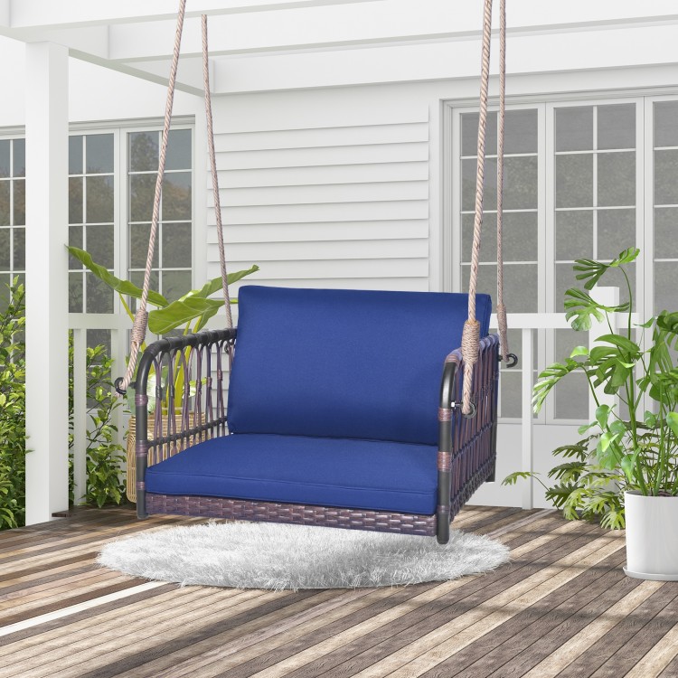 Patio Rattan Single Person Hanging Swing with Seat and Back Cushions