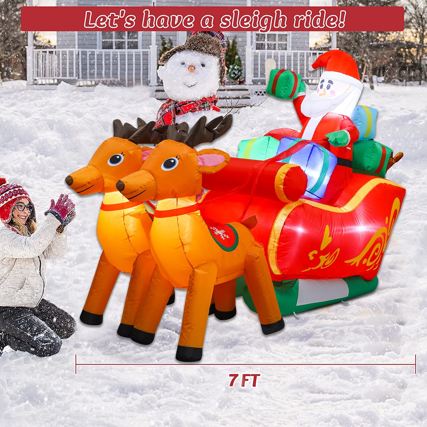 HolidayJoy 7ft Inflatable Santa on Reindeer Sleigh with LED Lights – Outdoor Christmas Decoration