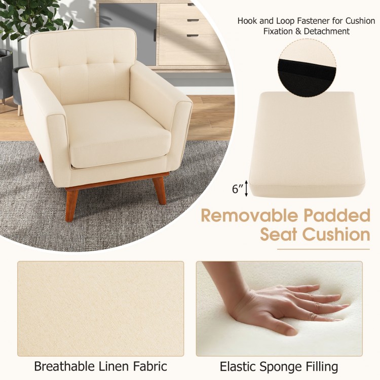 Modern Accent Chair Upholstered Linen Fabric Armchair with Removable Padded Seat Cushion