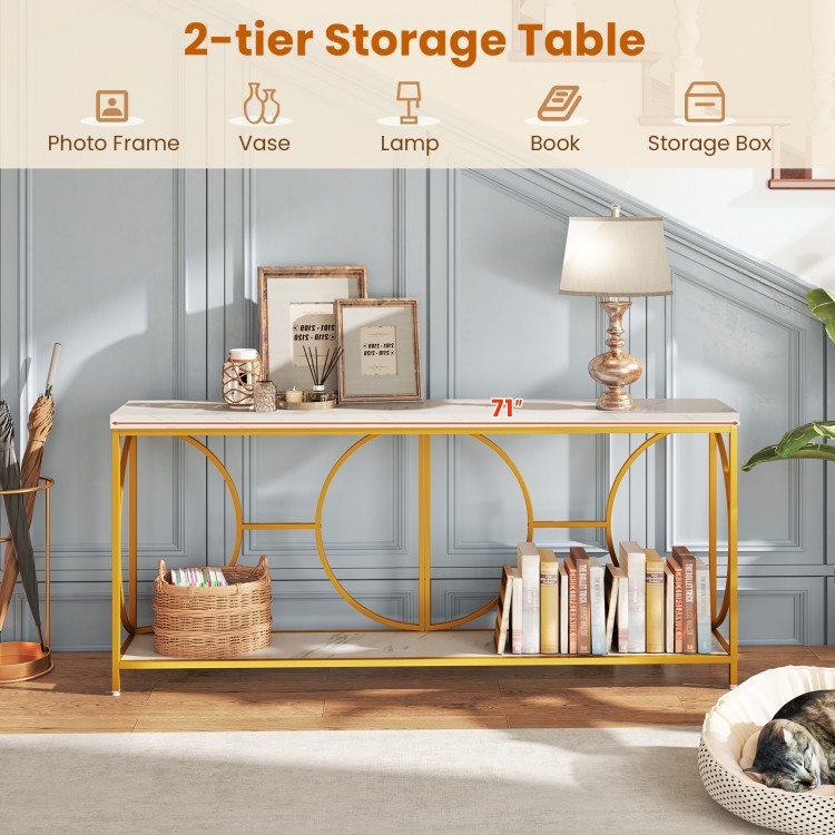 2-Tier Faux Marble Top Console Table with Storage Shelf