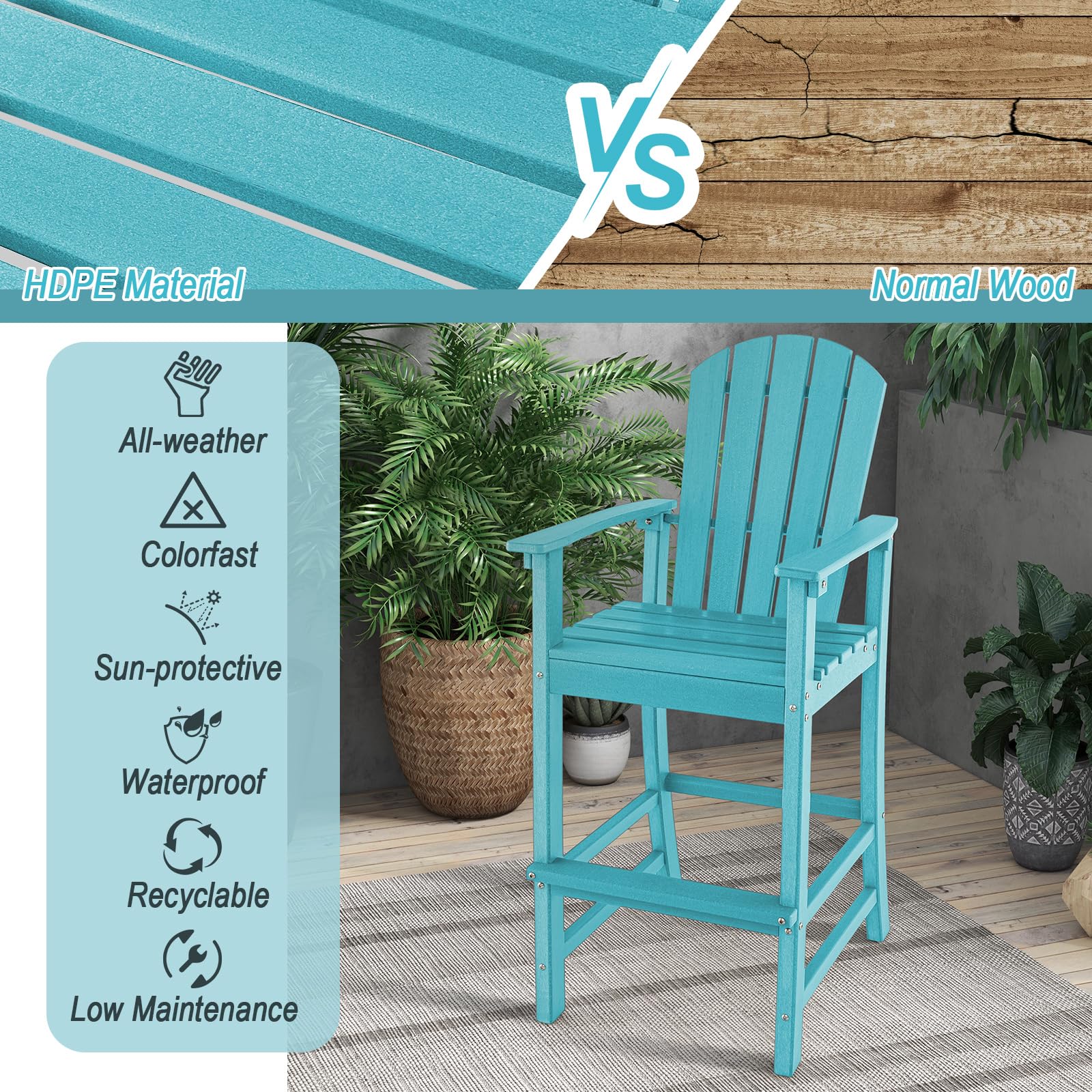 Outdoor HDPE Tall Adirondack Chairs with Armrests & Footrest, 30