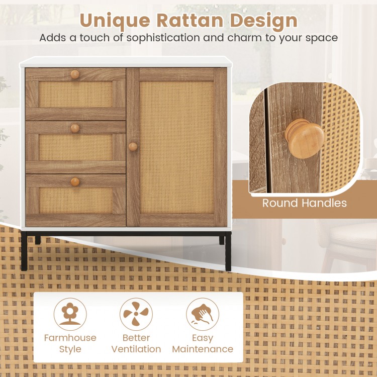 Rattan Sideboard Buffet Cabinet with 1 Door and 3 Drawers