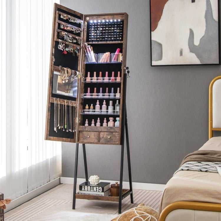 LED Standing Jewelry Mirror Cabinet with 3-Color Lighted Full-Length Mirror