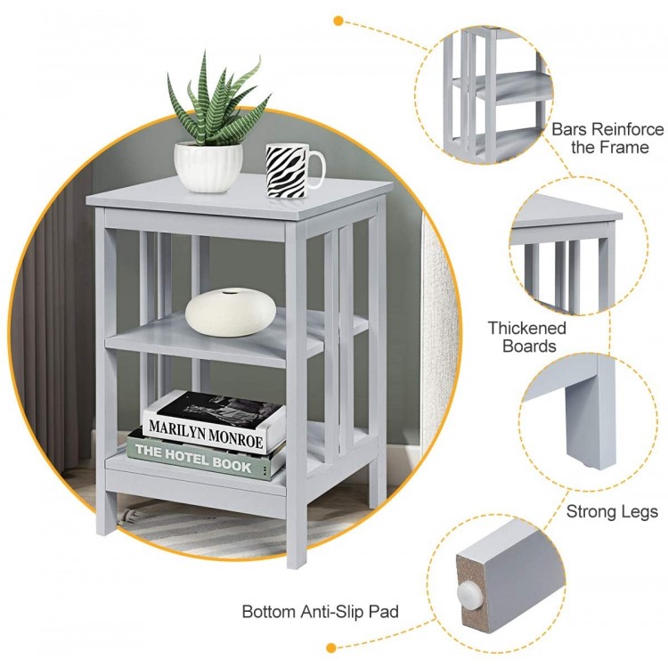 3-Tier Nightstand Set of 2 with Reinforced Bars and Stable Structure