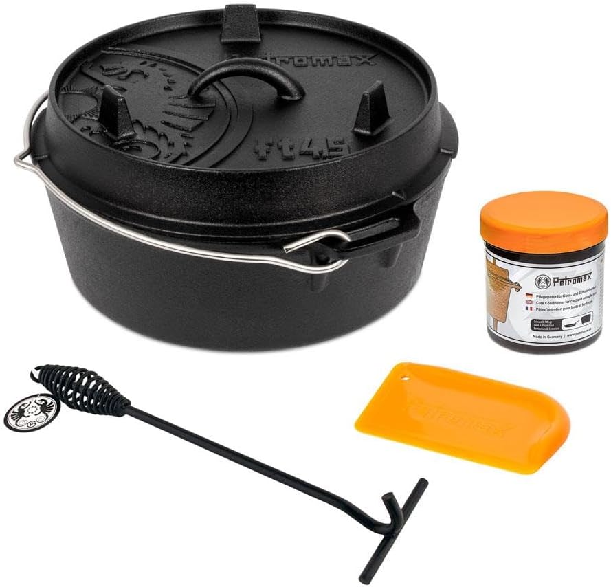 Petromax Brændegryde ft9-t begyndersæt - Dutch Oven med stativer inklusive lågløft, plejepasta og skraber - til alle grilltyper og åben ild - 7,5 liter