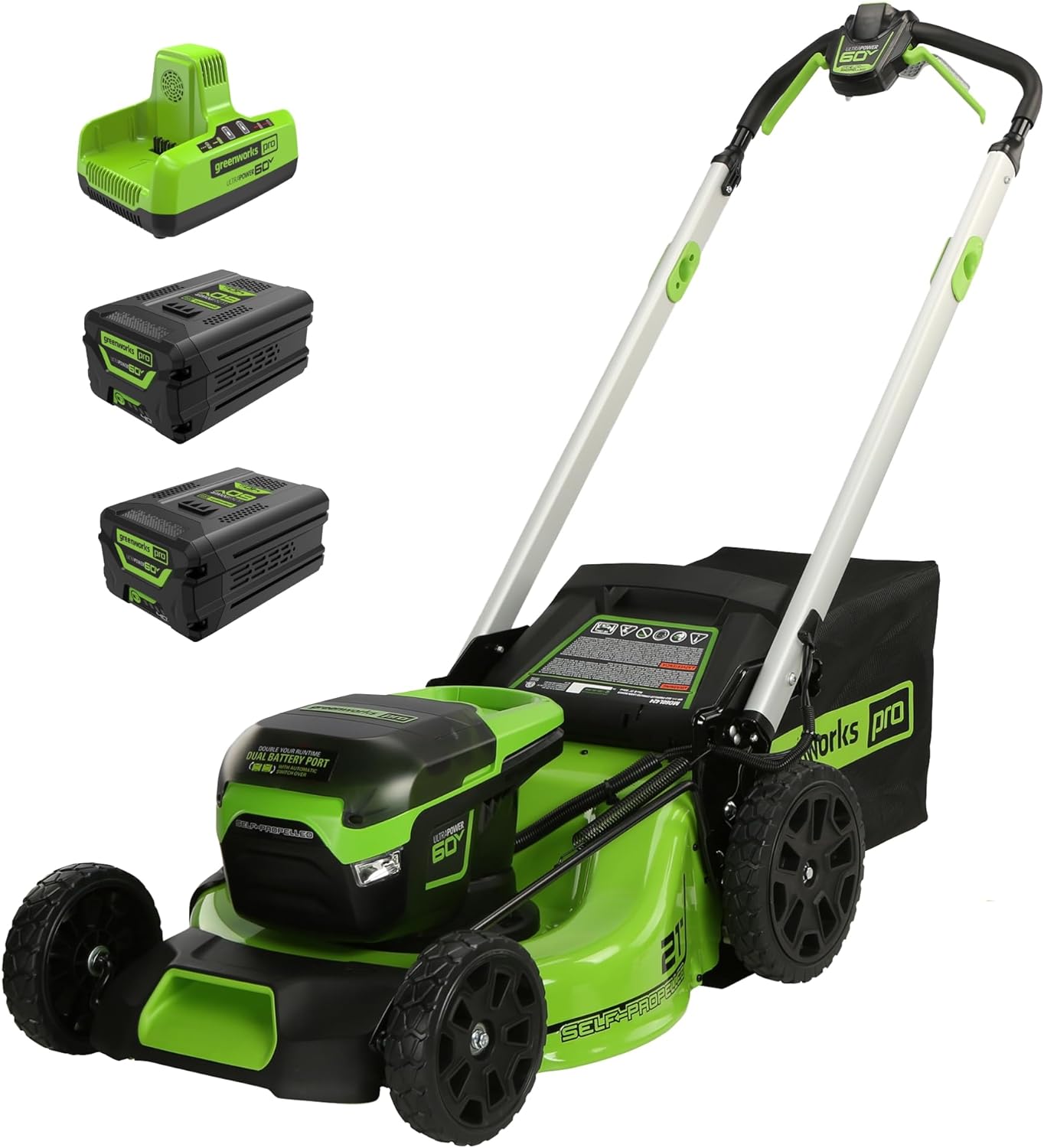 Greenworks 60V 21 Cordless (Self-Propelled) Lawn Mower , 2 x 4.0Ah Batteries and Dual Port Rapid Charger