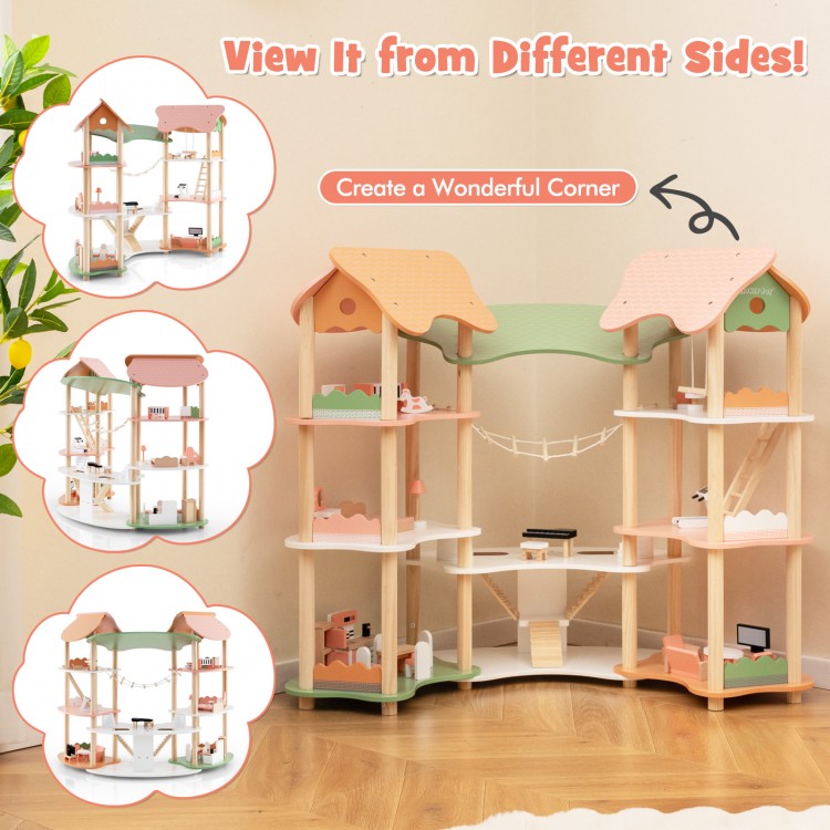 3-Tier Wooden Dollhouse for Kids Aged 3-8 Years Old with 32 Pieces of Accessories