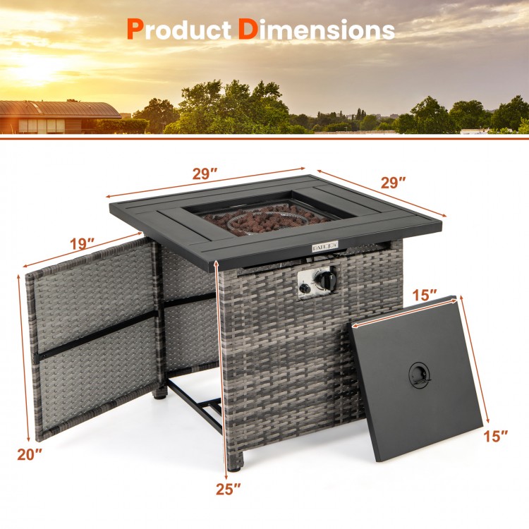 29 Inch Propane Rattan Firepit Table with Lava Rocks and Protective Cover