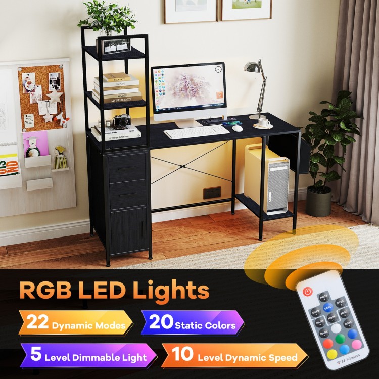 Office Desk with LED Lights and Power Outlets Computer Desk with Open Shelves