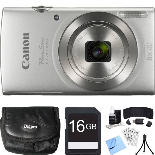 Canon PowerShot Elph 180 20MP 8x Optical Zoom Silver Digital Camera 16GB Card Bundle