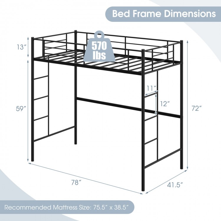 Twin Size Space-saving Metal Loft Bed with Full-Length Guardrail and 2 Ladders