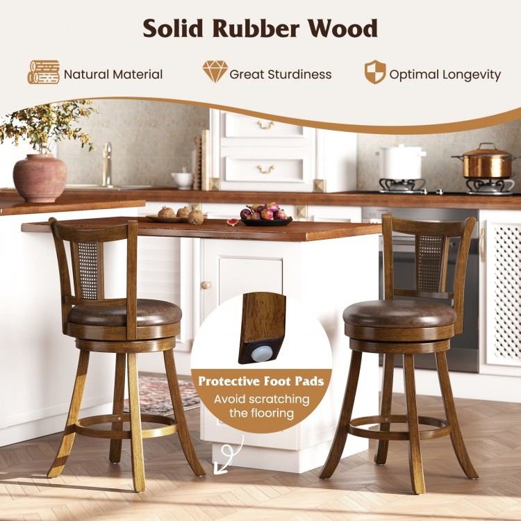 25/30 Inch Set of 2 Bar Stools with PE Rattan Backrest and Rubber Wood Frame