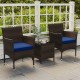 3 Pieces Outdoor Conversation Set with Cushioned Seat and Glass Tabletop