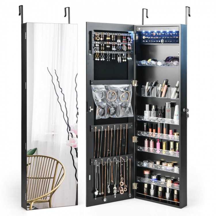 Wall Door Mounted Jewelry Armoire with Frameless LED Mirror