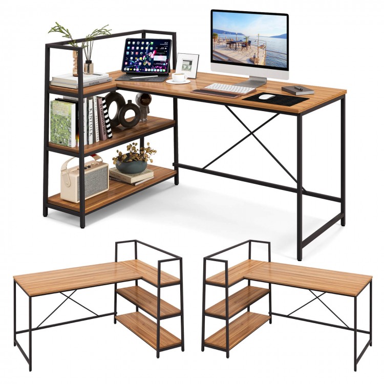 Reversible L-Shaped Computer Corner Workstation with 3-Tier Open Shelf