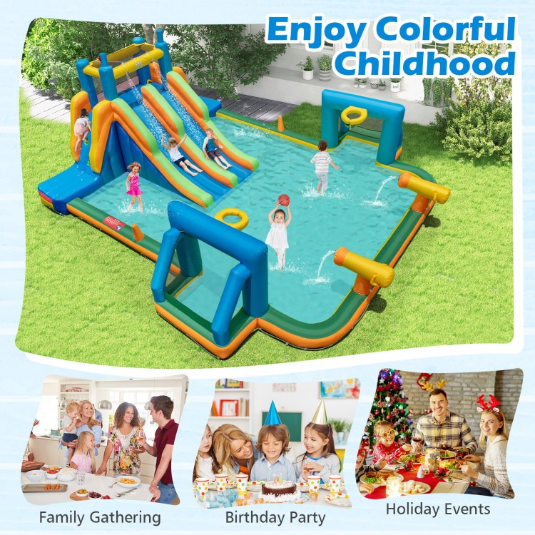 Kids Inflatable Water Slide with 2 Long Slides and 2 Soccer Gates with 950W Blower