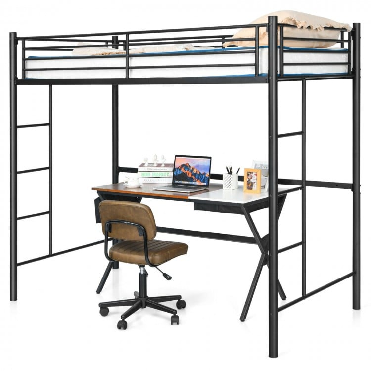 Twin Loft Bed Frame with 2 Ladders Full-length Guardrail
