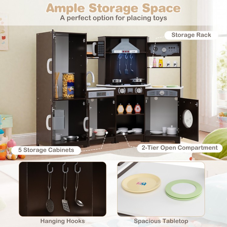 Corner Wooden Play Kitchen with Lights and Sounds Large Pretend Play Kitchen Set