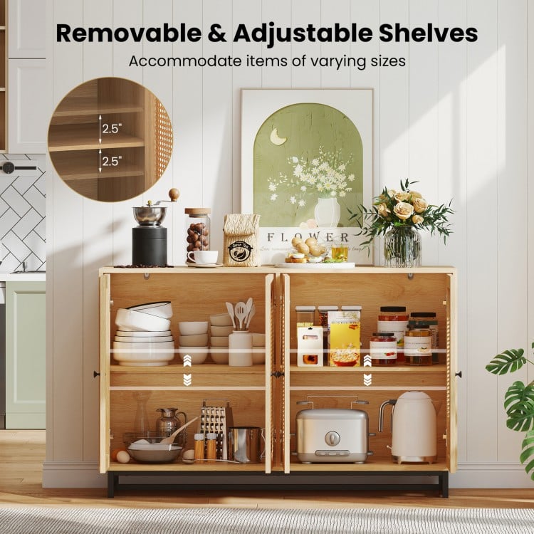50 Inch Buffet Sideboard Cabinet with 4 Rattan Doors and Adjustable Shelves