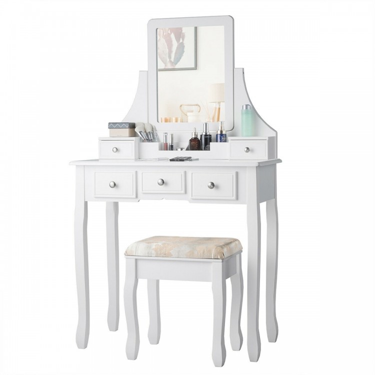 Makeup Vanity Set with Mirror and Cushioned Stool