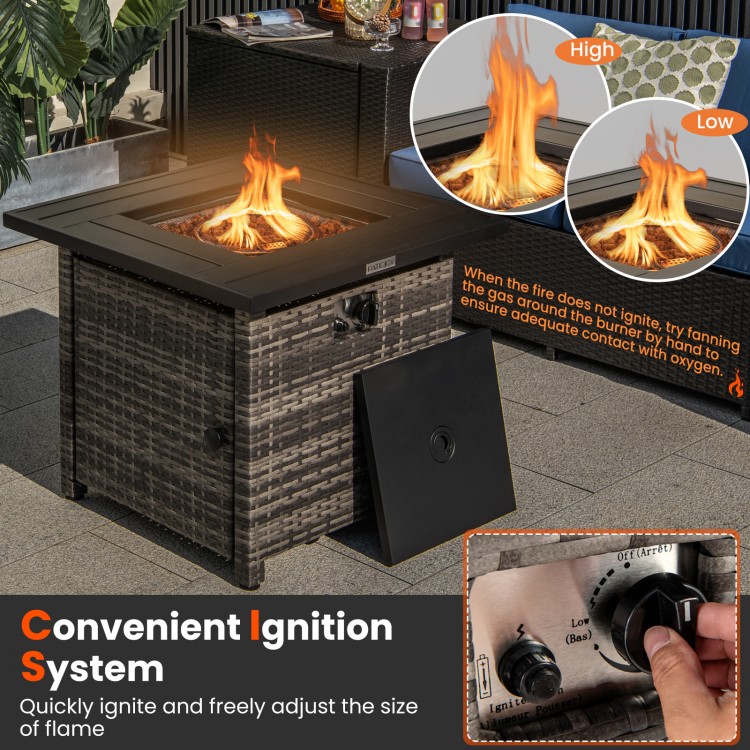 29 Inch Propane Rattan Firepit Table with Lava Rocks and Protective Cover