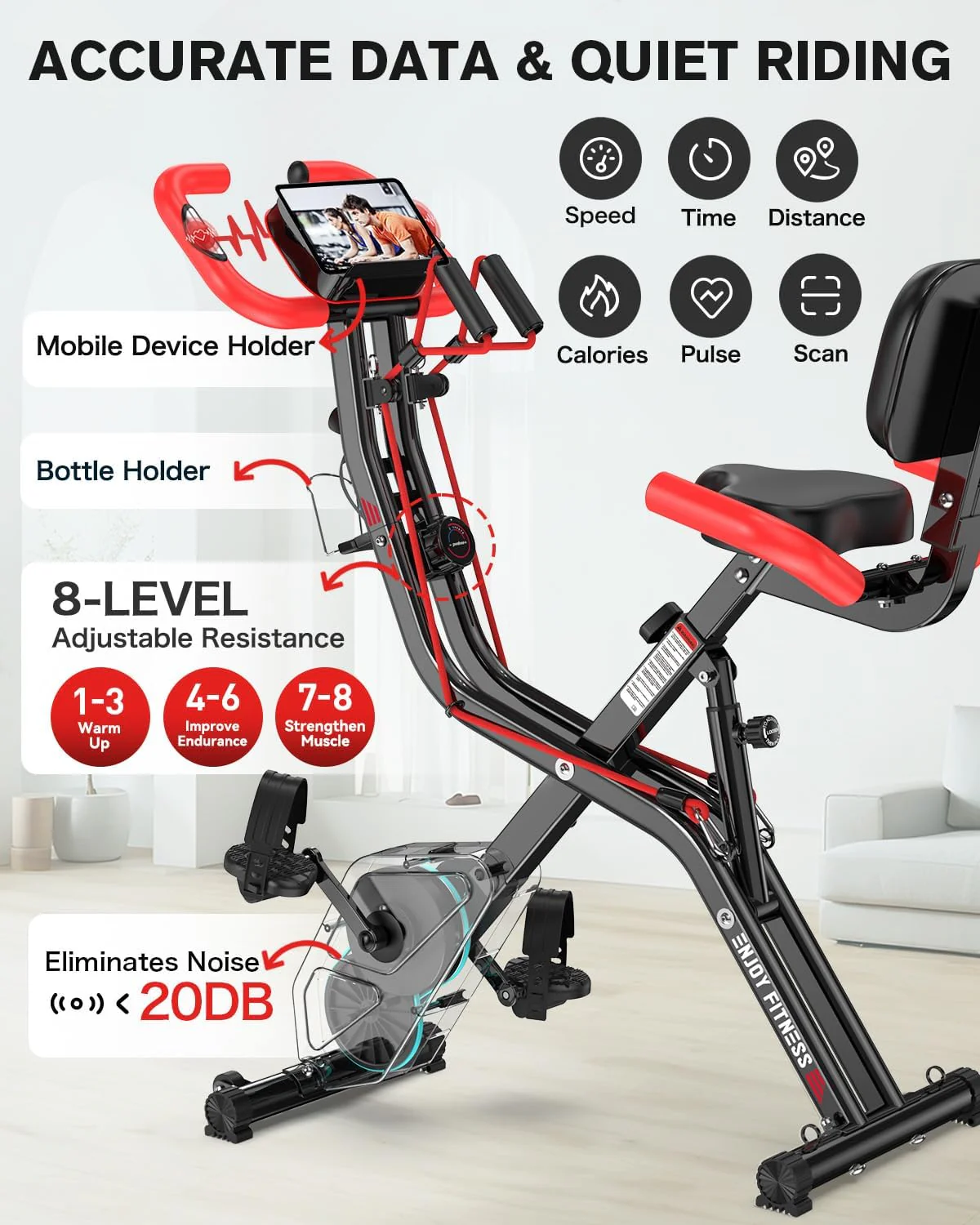 pooboo Folding Exercise Bike, Foldable Fitness Stationary Bike Machine, Upright Indoor Cycling Bike, Magnetic X-Bike with 8-Level Adjustable Resistance, Bottle Holder & Back Support Cushion for Home Gym Workout