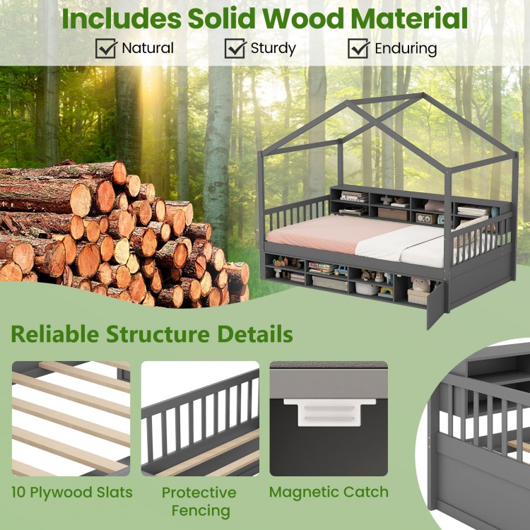 Twin Size House Bed with Roof with 14 Storage Cubes and Enclosed Cabinet