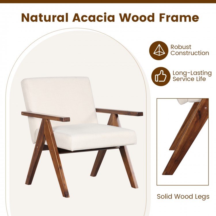 Modern Accent Chair Linen Fabric Armchair with Solid Acacia Wood Frame