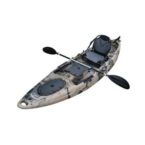 BKC UH-RA220 11.5 foot Riptide Angler Sit On Top Fishing Kayak with Paddles and Upright Chair and Rudder System Included (Camo)