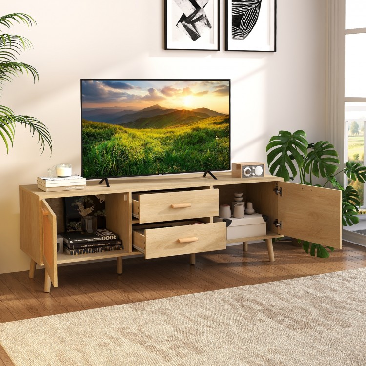 Rattan TV Stand for 65-Inch TV with Drawers and Solid Wood Legs