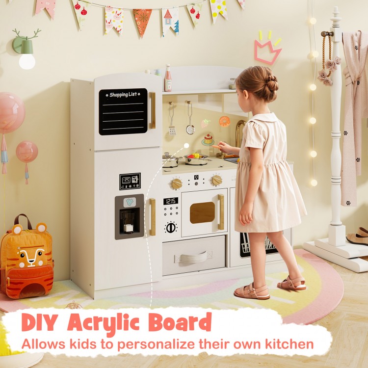 Wooden Kids Kitchen Playset with Chalkboard Ice Maker Sink Lighted Microwave