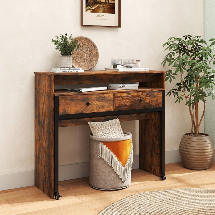 Extendable Computer Desk with 2 Storage Drawers Convertible Home Office Rolling Study Writing Desk