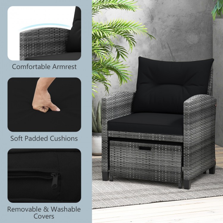 5 Piece Patio Rattan Furniture with 2 Ottomans and Tempered Glass Coffee Table