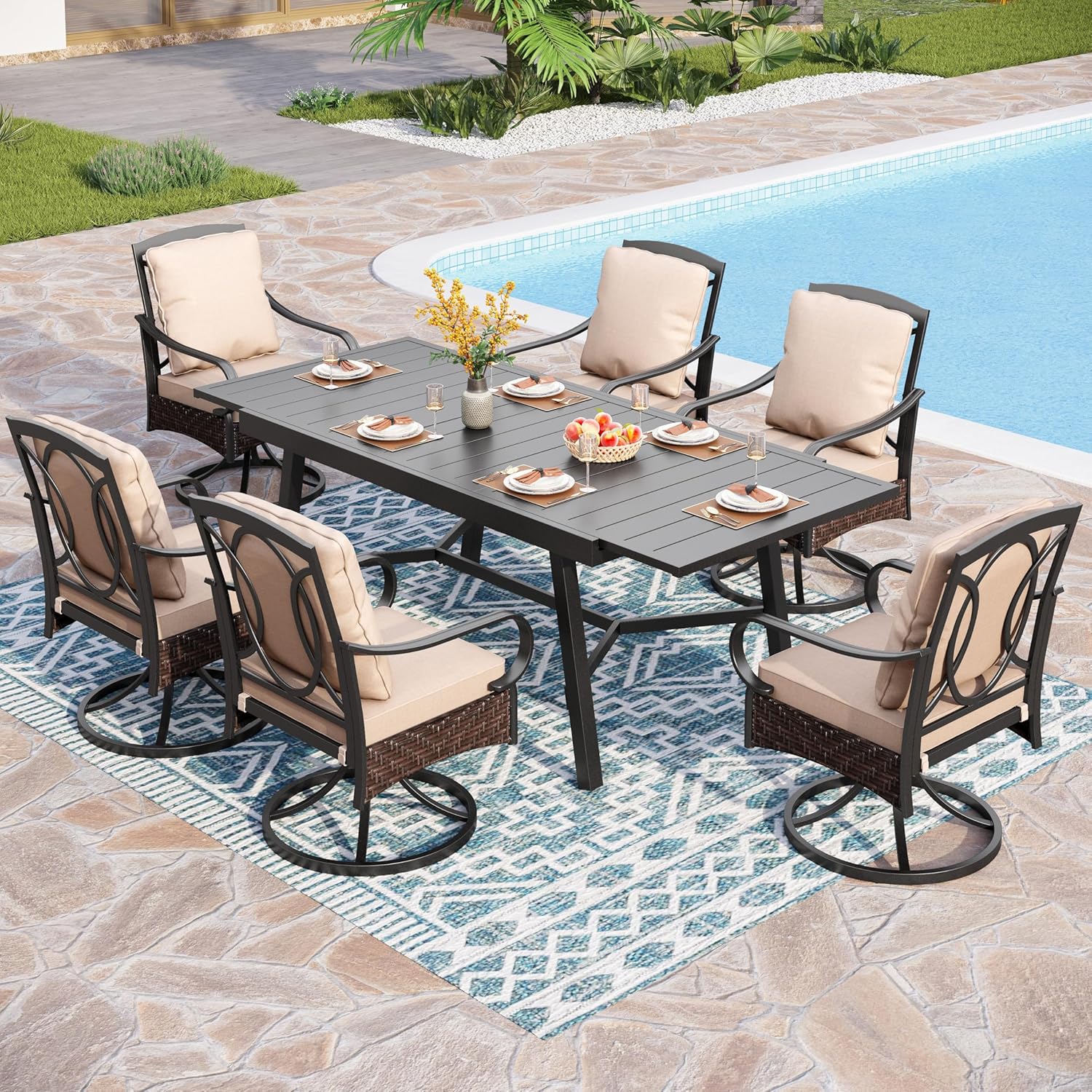 PHI VILLA 6-Piece Outdoor Dining Sets, All-Weather Patio Table and Chairs Set with Umbrella for 4, Heavy Duty Patio Round Table Set for Deck, 4 Extra Large Outdoor Swivel Chairs with Thick Cushions