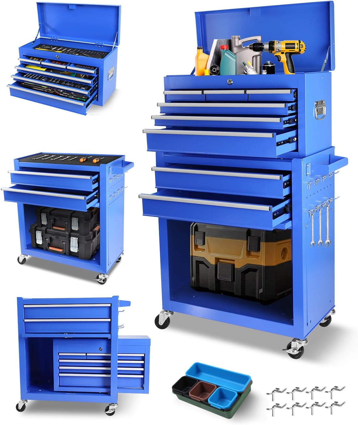 Fitenlor Werkzeugkasten, 2-in-1-Werkzeugkästen mit 8 Schubladen, Werkzeugwagen mit 7 Organizer-Tabletts, Trennwand-Set und Rollen, großer Rollwerkzeugkasten-Organizer für Garage, Werkstatt,