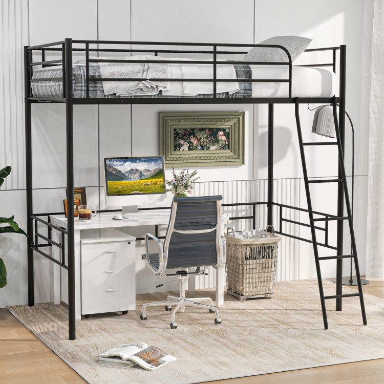 Twin Metal Loft Bed Frame with Ladder and Metal Slats Support
