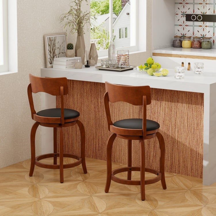 Swivel Bar Stools Set of 2 with Rubber Wood Frame and Upholstered Seat