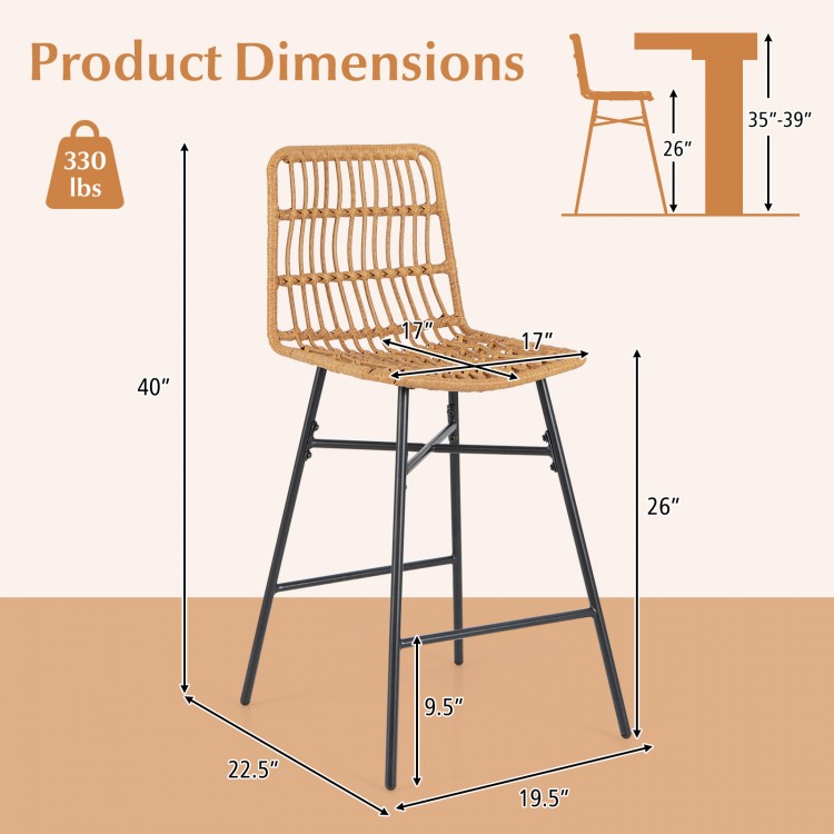 Set of 2 Rattan Bar Stools with Sturdy Metal Frame