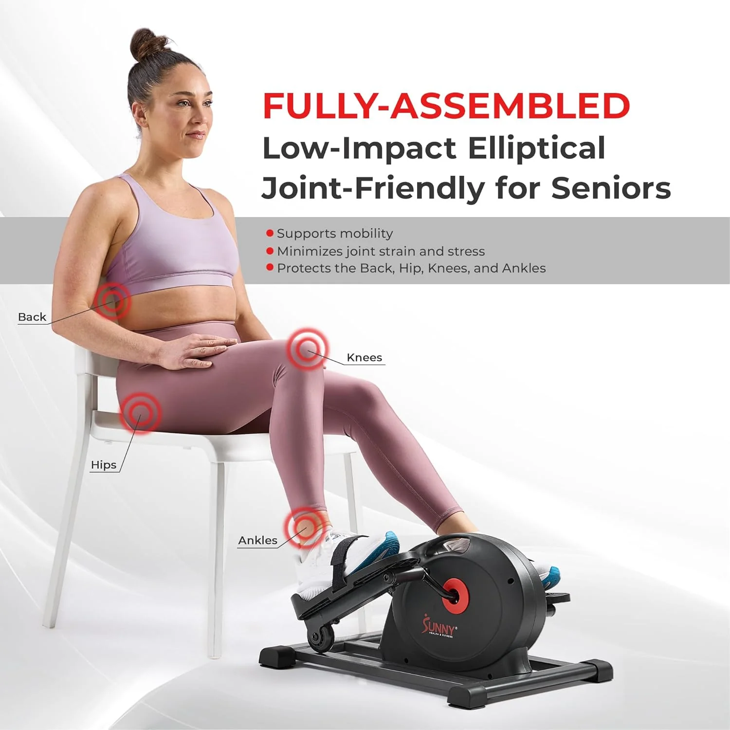 Sunny Health & Fitness Smart Mini Elliptical Trainer, Indoor Under-Desk Pedal Exerciser for Seniors’ Mobility & Cardio Workout, Free SunnyFit App Bluetooth Link, Optional Motorized w/Remote Control
