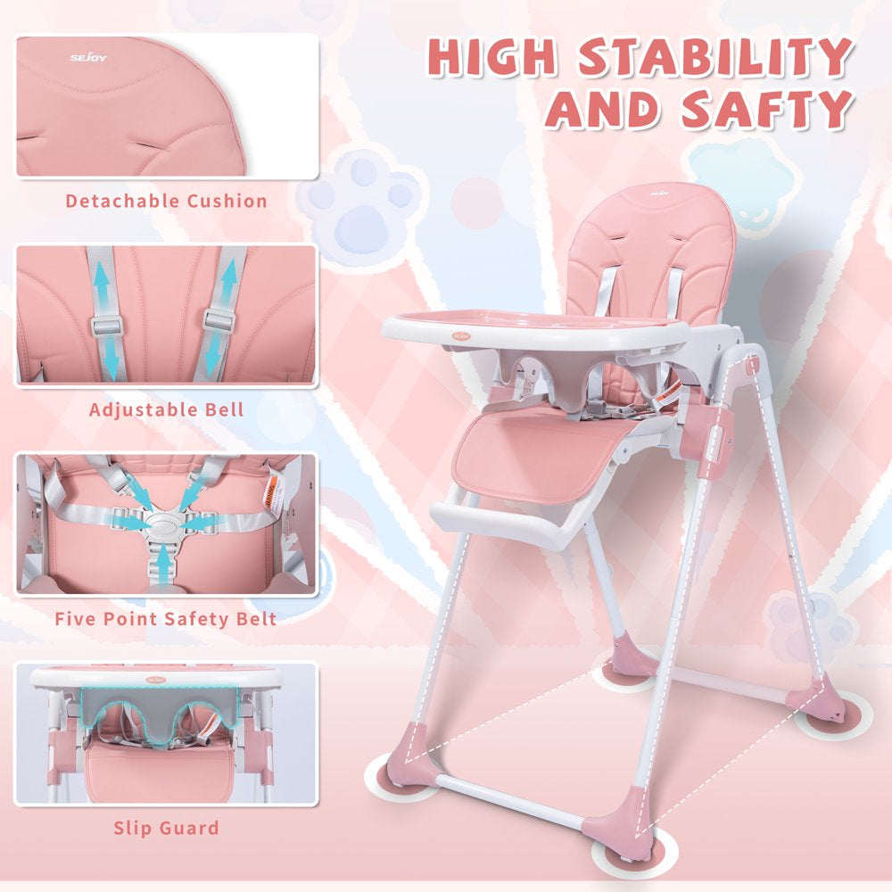 SEJOY Foldable Adjustable 3-in-1 Baby Highchair, Pink, with 6 Height Levels & BPA-Free Tray