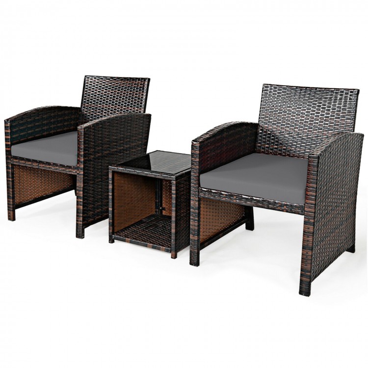 3 Pieces PE Rattan Wicker Furniture Set with Cushion Sofa Coffee Table for Garden