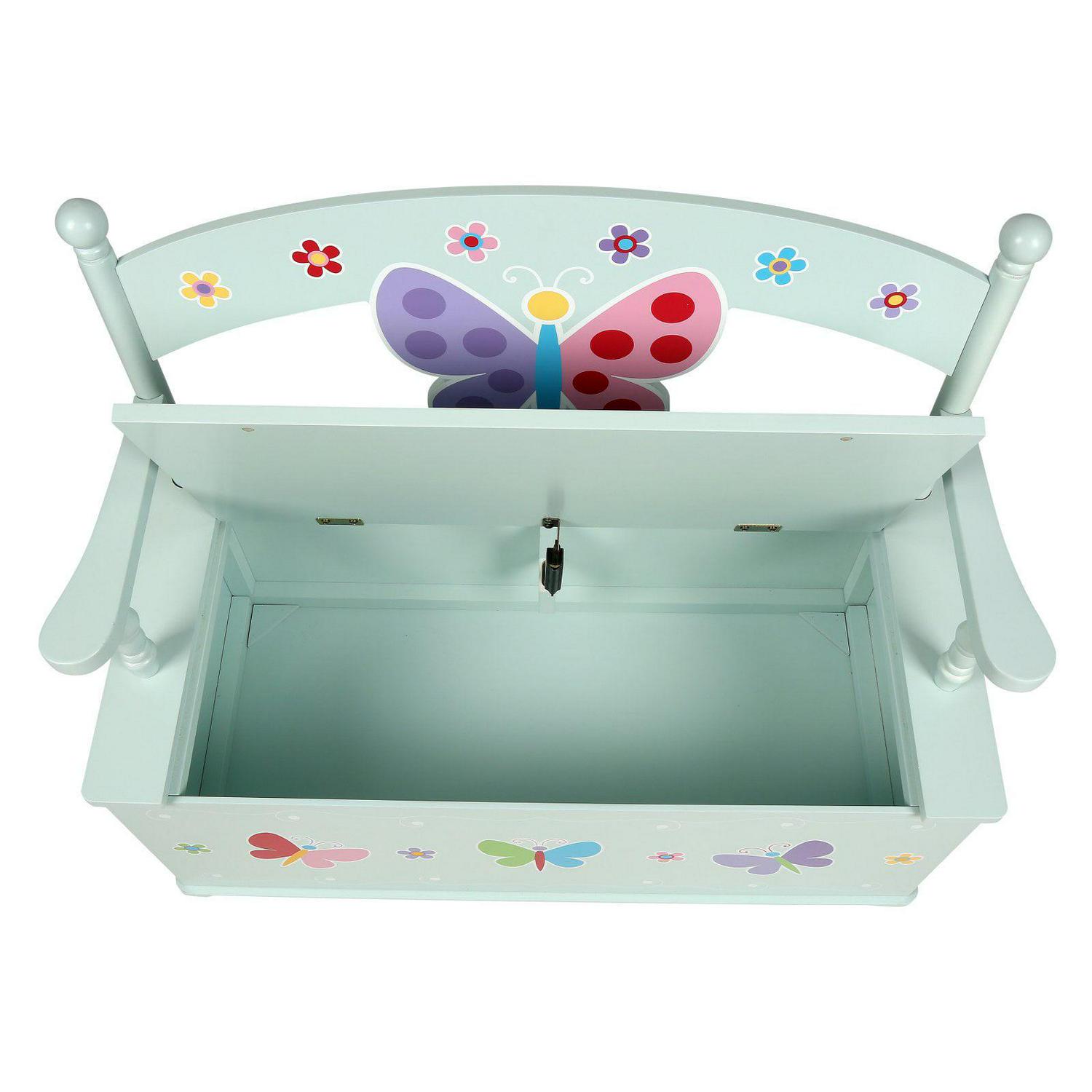 Wildkin Butterfly Garden Bench with Storage, Blue – Whimsical Design, Safety Hinge, Indoor Use