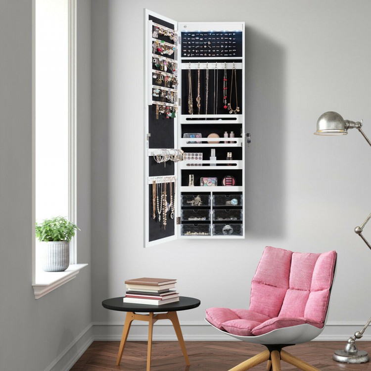 Door Hanging Mirror Jewelry Armoire with Full Length Mirror and 6 Drawers